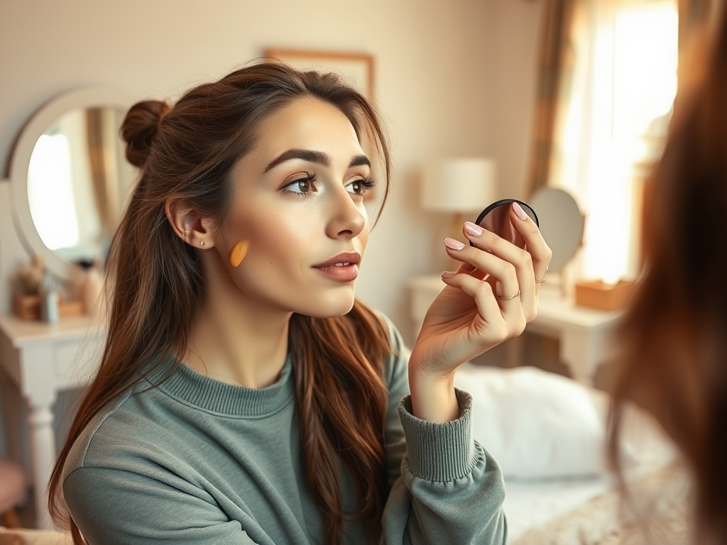 A woman with long hair applies makeup while looking into a mirror in a softly lit room.