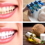Smiling woman using coconut oil for teeth whitening