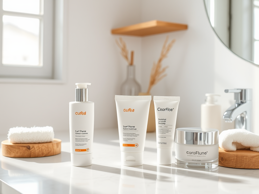 A clean bathroom counter with skincare products displayed, including moisturizers and cleansers, alongside towels.