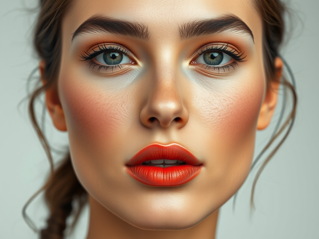 A close-up portrait of a woman with striking blue eyes, bold orange lips, and natural makeup, showcasing smooth skin.