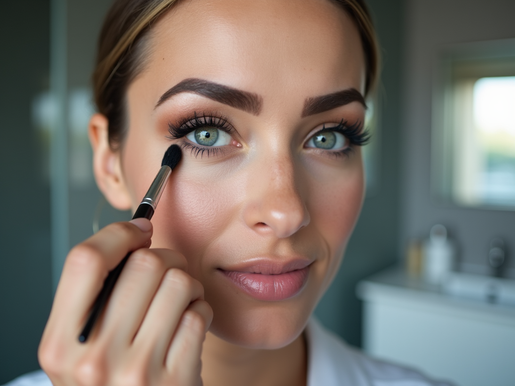 Woman applying eye makeup with a brush, looking at the camera.