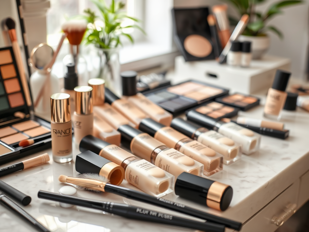 A variety of makeup products, including foundations, concealers, and eyeshadow palettes, arranged on a vanity.