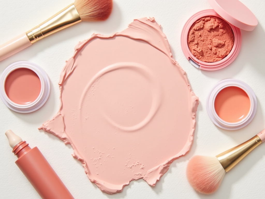 Assorted makeup products including brushes, creams, and powders in shades of pink spread on a white surface.