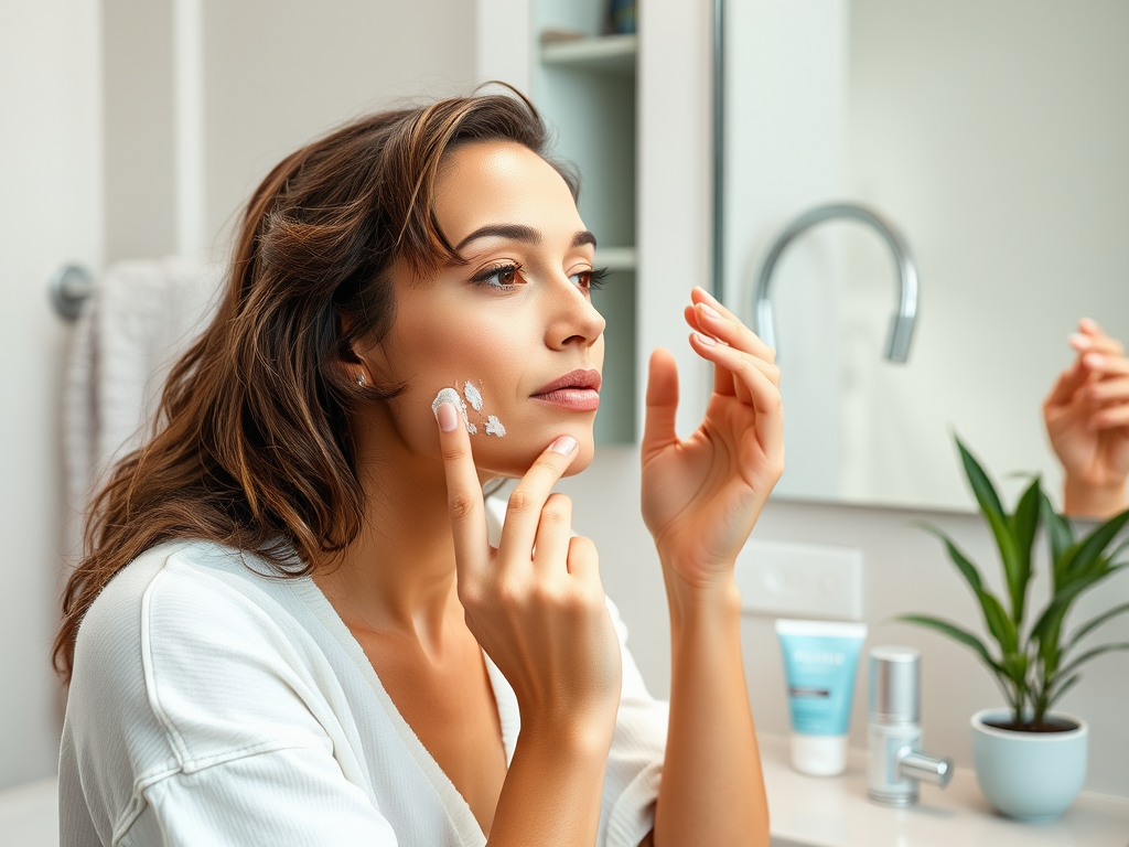 A woman applies cream to her face while looking in the bathroom mirror, surrounded by skincare products.