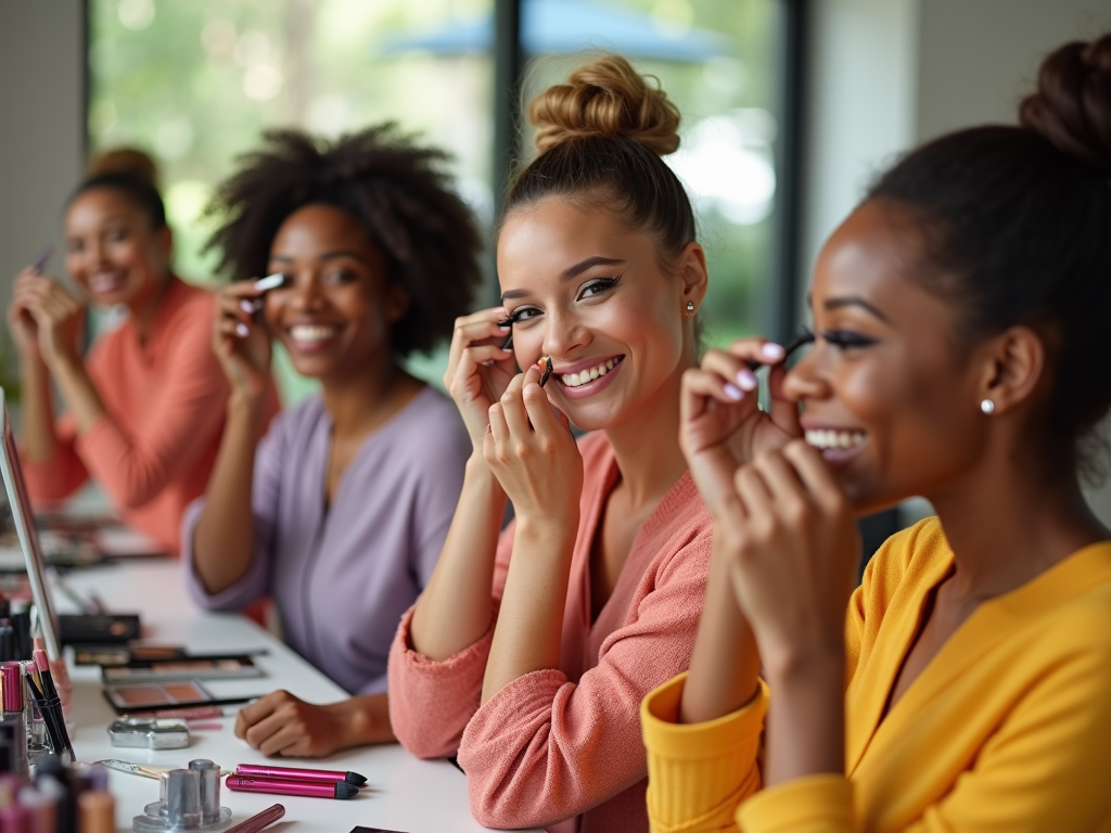 Four women happily applying makeup together at a table full of beauty products.