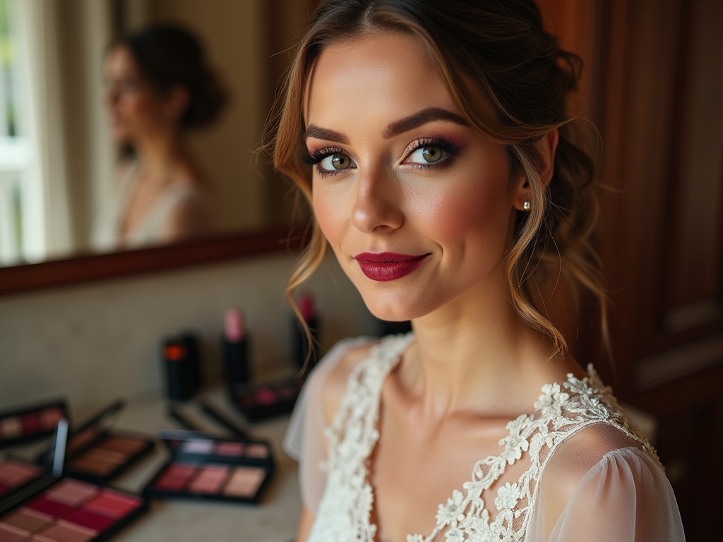 Elegant bride with makeup in lace dress, reflected in mirror, preparation scene.