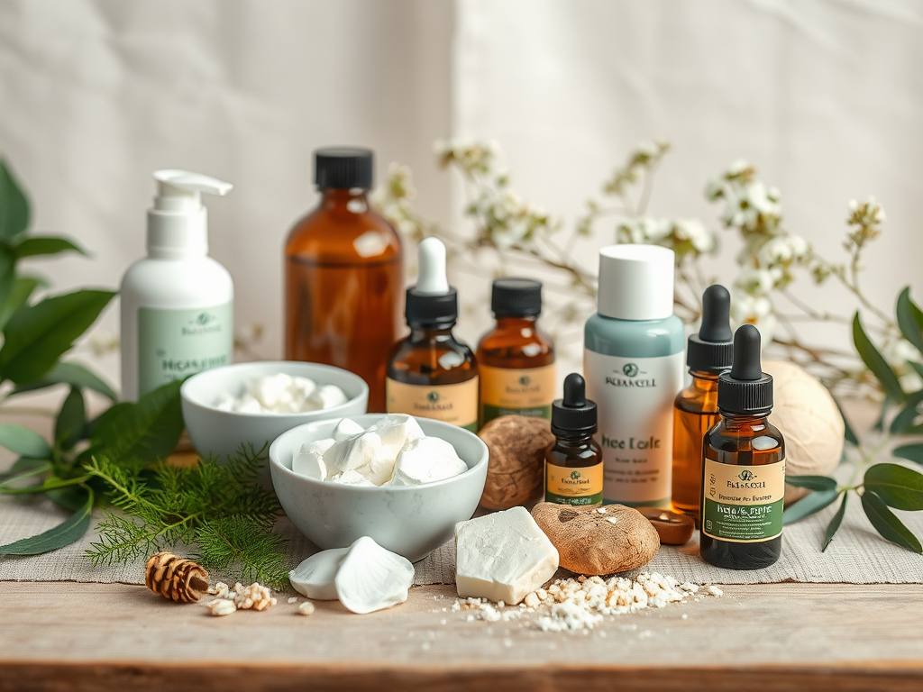 A collection of skincare products, including bottles, jars, and natural ingredients arranged with greenery.