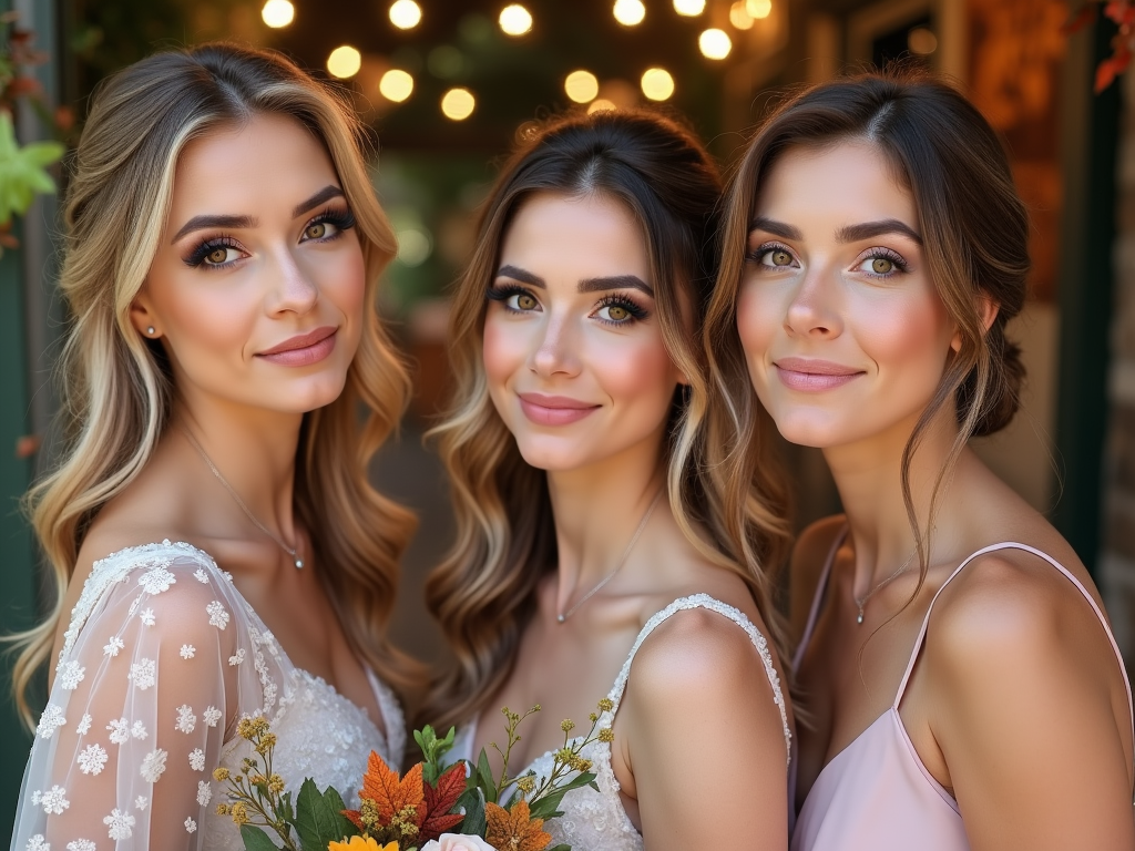 Three smiling women in elegant dresses with bokeh lights in the background.