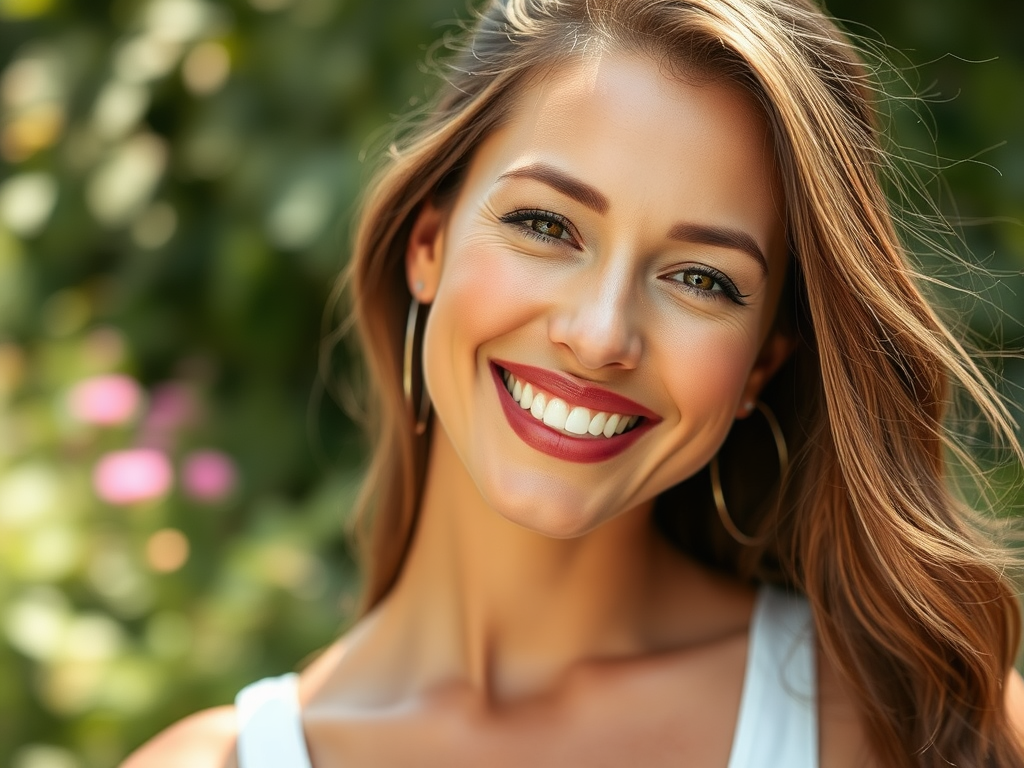 A smiling woman with long hair, wearing hoop earrings, stands against a blurred green background with flowers.