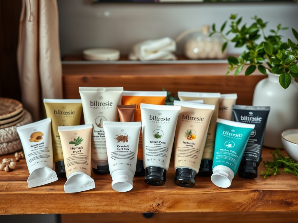 A collection of various skincare tubes neatly arranged on a wooden shelf, with greenery in the background.