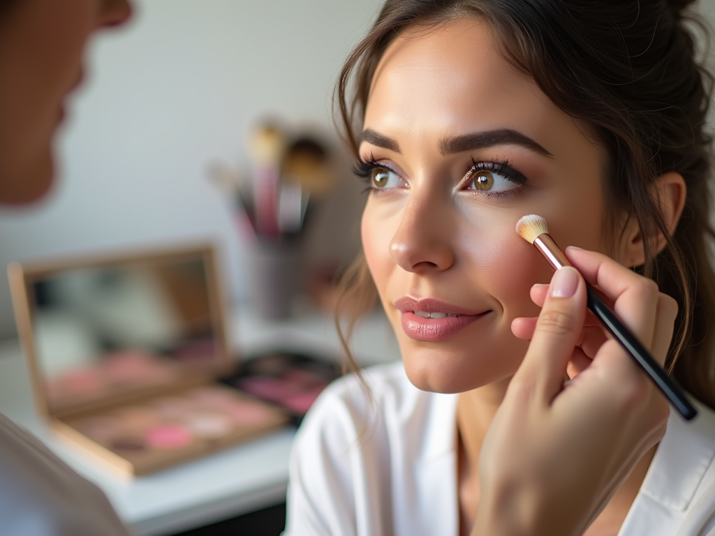 Woman receiving makeup application with brush, looking at mirror, palette visible in background.