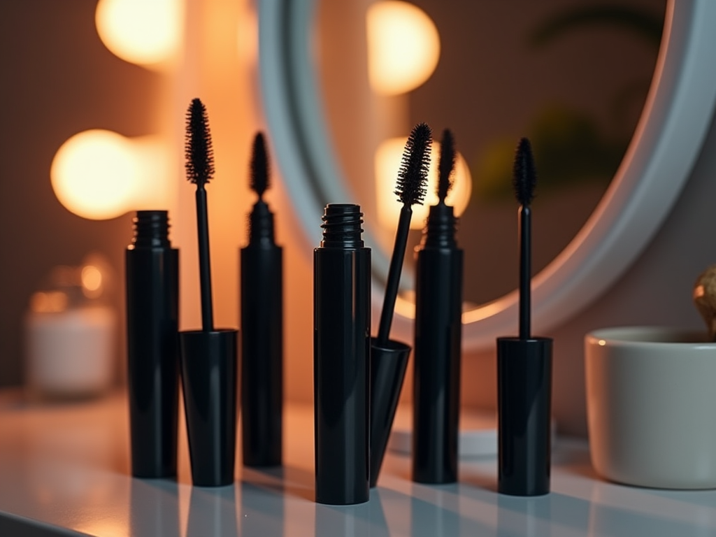 Mascara wands and tubes displayed on a vanity with warm glowing lights in the background.