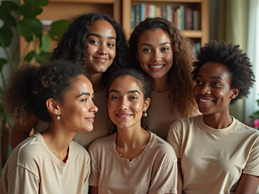 Five women smiling together, wearing similar beige tops, in a room with books and plants.