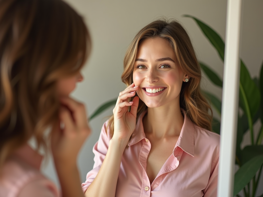 Smiling woman in pink shirt talking on phone, reflecting in a mirror surrounded by plants.