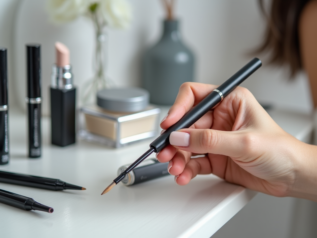 Close-up of a woman's hands holding a makeup brush over a table with various cosmetic products.