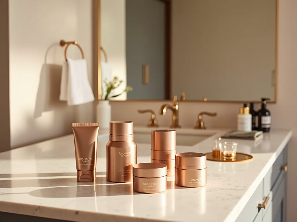 Luxury skincare products on a marble bathroom counter, with soft natural light.