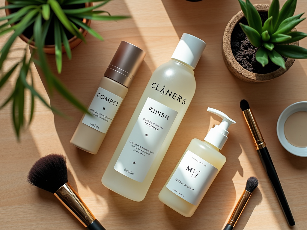 Skincare products on a wooden table with brushes and houseplants in sunlight.