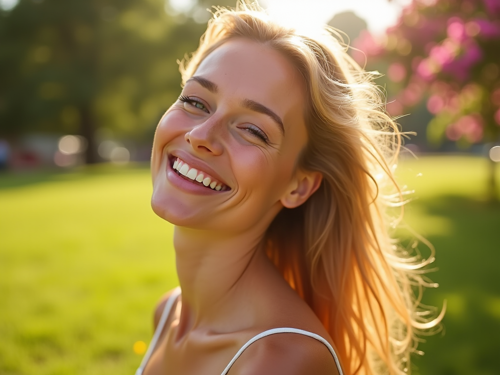 Joyful woman smiling in a sunlit park with greenery and pink flowers in the background.