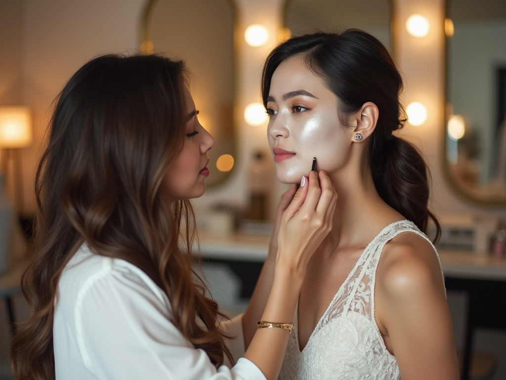 Makeup artist applying cosmetics to a bride in a well-lit dressing room.