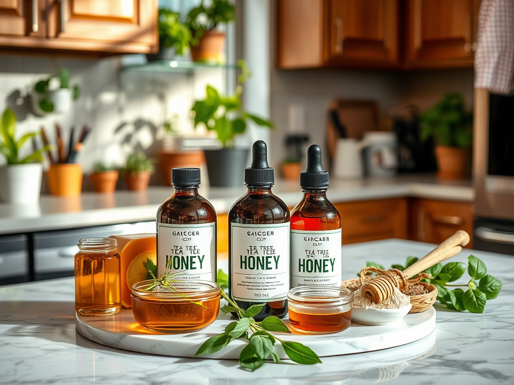 Three bottles of tea tree honey on a marble platter, surrounded by honey jars and greenery in a bright kitchen.