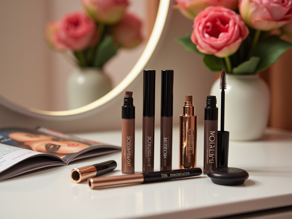 Assorted makeup products displayed on a vanity beside a vase of roses and a magazine.