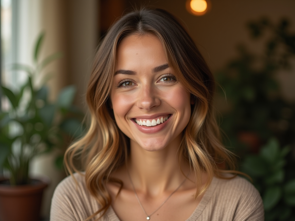 Young woman with a bright smile, brown hair, wearing a beige top, and surrounded by indoor plants.