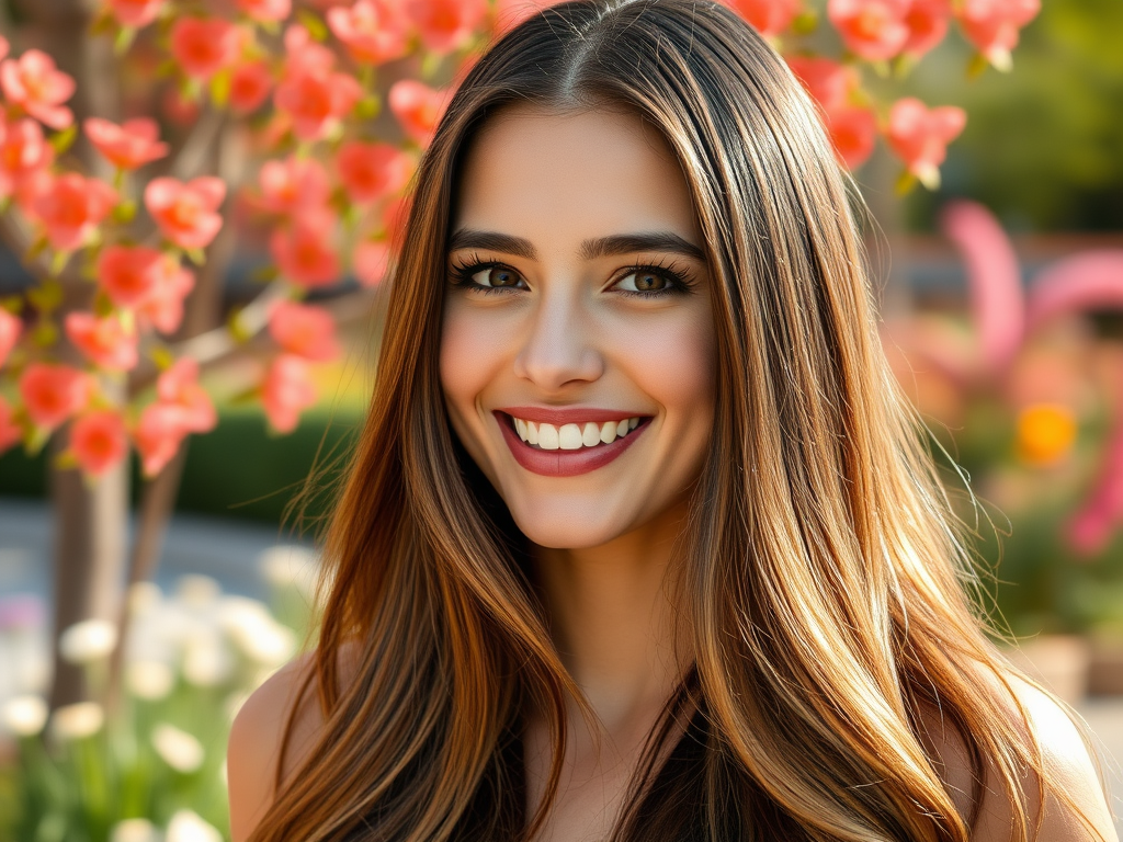 A young woman with long, wavy hair smiles brightly against a backdrop of blooming pink flowers.