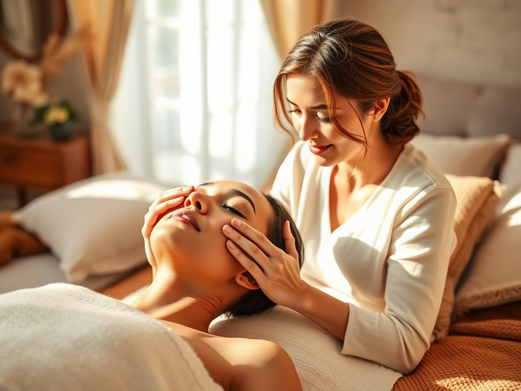 A woman is receiving a facial treatment while another woman gently massages her face in a cozy, sunlit room.