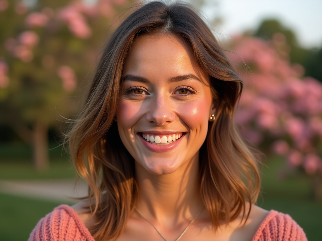 Smiling young woman with pink blossoms in the background.