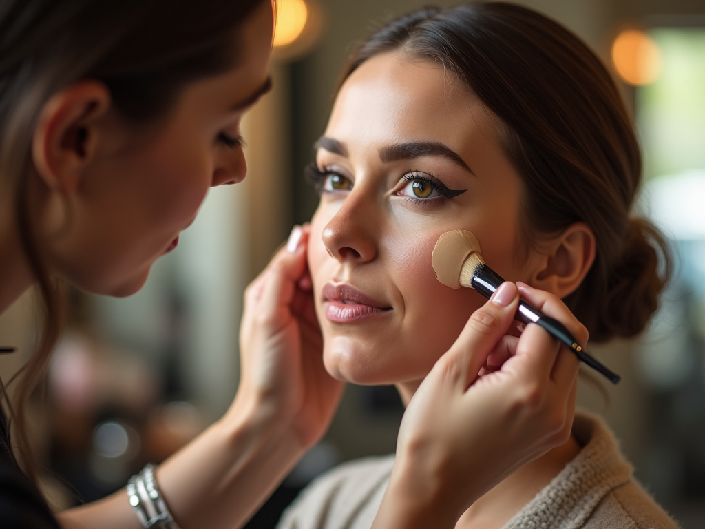 Makeup artist applying foundation to a woman, who smiles subtly in a salon.