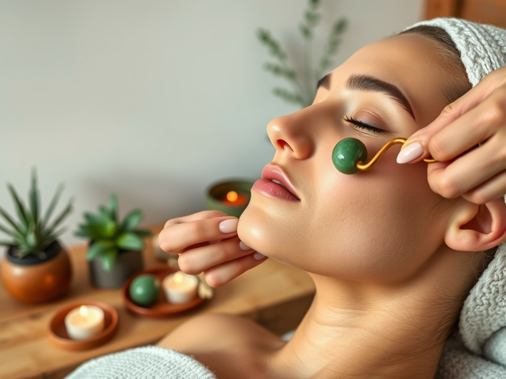 A woman enjoys a facial treatment with a jade roller in a serene spa setting, surrounded by candles and plants.