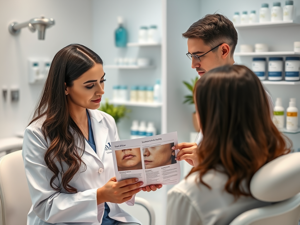 A healthcare professional discusses treatment options while showing a brochure to two clients in a clinic setting.