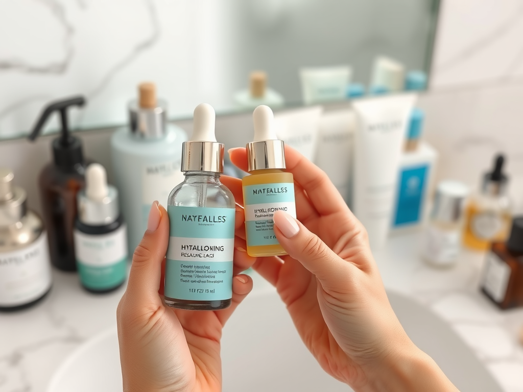 Two skincare serums are held in hands, surrounded by various cosmetic products on a bathroom counter.