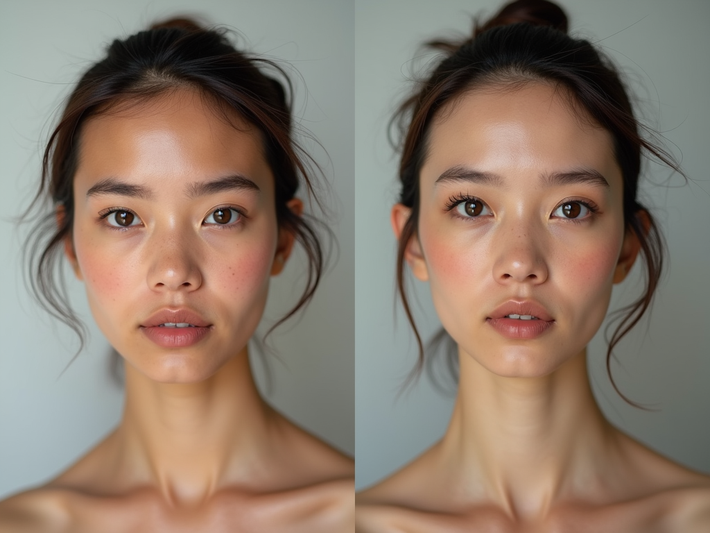 Portrait of a woman with light brown hair and freckles, viewed from the front, in two similar poses.