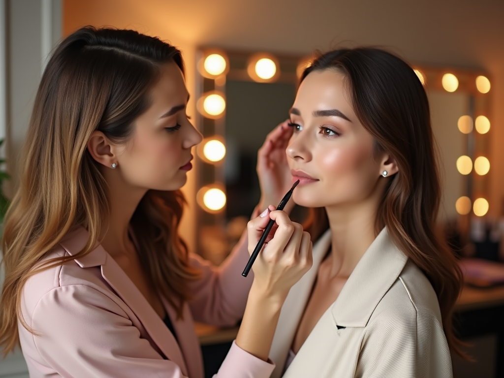 Makeup artist applying eyeliner on a young woman in a room lit by vanity mirror lights.