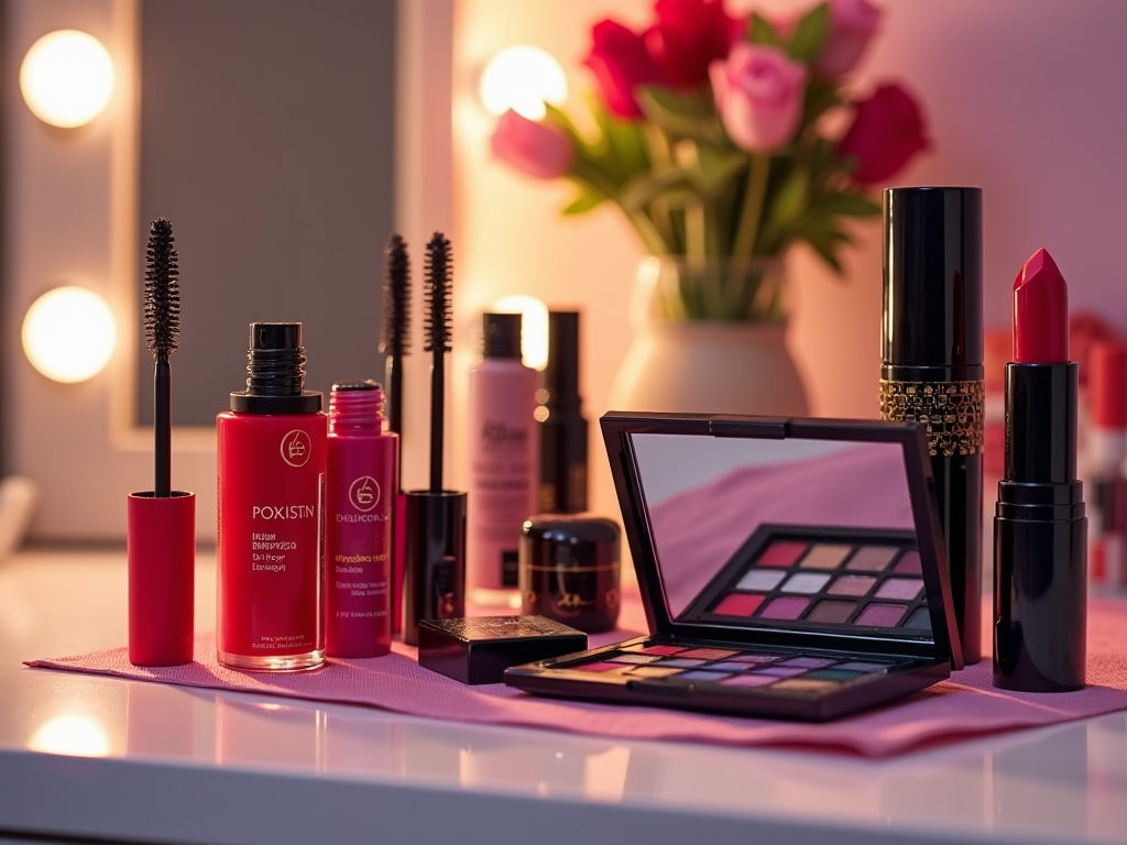 Variety of makeup products displayed on a table with a mirror and soft lighting in the background.